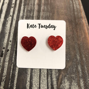 Red Glitter Heart Stud Earrings