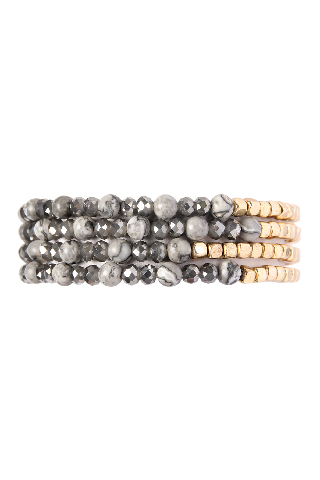 Brass, Stone, & Glass Four Beaded Bracelet Set- 5 Colors