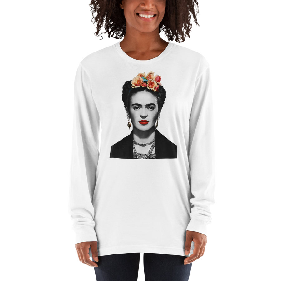 Unisex Frida Kahlo With Flowers Poster Artwork Long Sleeve Shirt- 4 Colors
