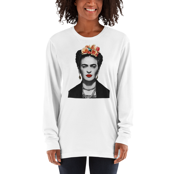 Unisex Frida Kahlo With Flowers Poster Artwork Long Sleeve Shirt 4 Colors