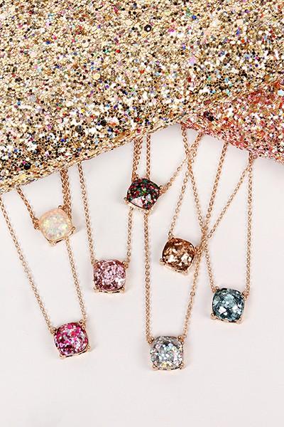 Glitter Cushion Cut Necklace- 4 Colors