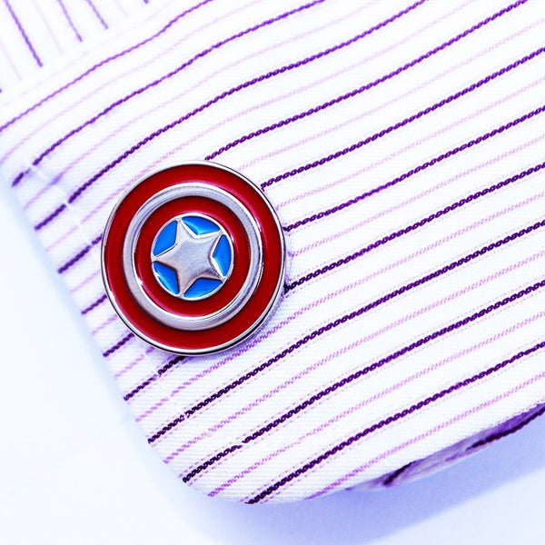Captain America Shield Cuff Links on cuff close up