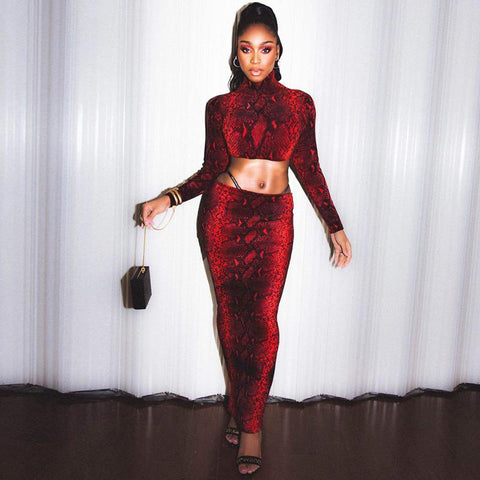 Women's Snake Print Long Sleeve Mock Neck Crop Top and Long Skirt Two-Piece Set- Red