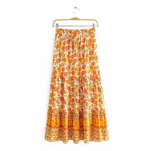 Women's Bohemian Floral Print Long Skirt- Orange & Yellow