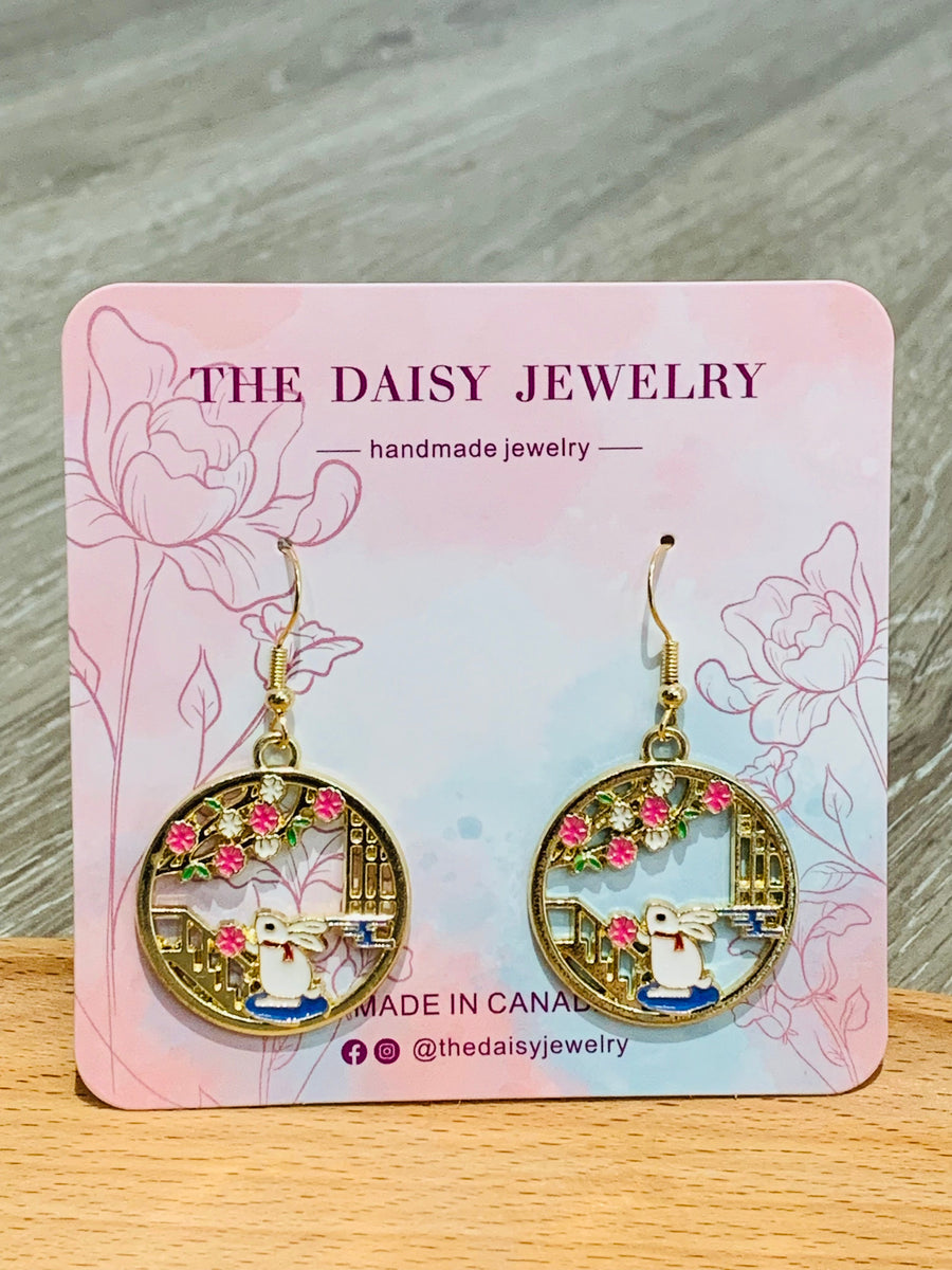 Floral Rabbit Vignette Fish Hook Earrings