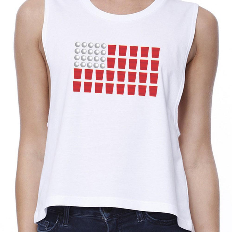Beer Pong American Flag Crop Top- White
