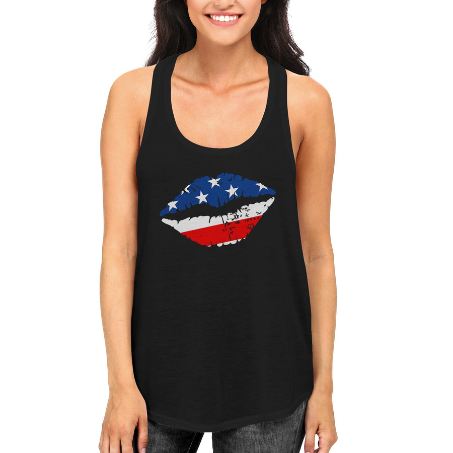 American Flag Lips Women's Racerback Tank Top- Black