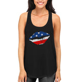American Flag Lips Women's Racerback Tank Top- Black