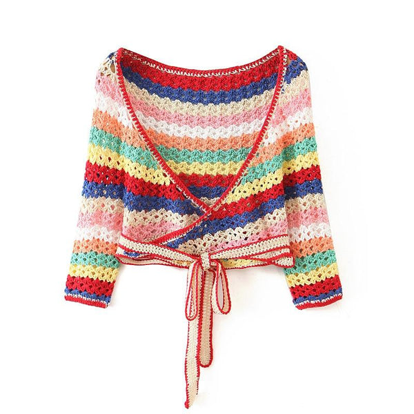 Women's Bohemian Multicolored Striped Crocheted Wrap Top & Shorts Two-Piece Set