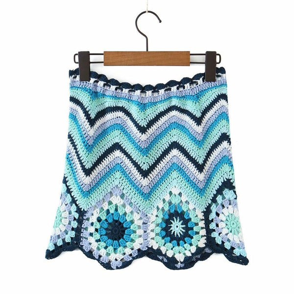 Drawstring High Waist Handmade Crochet Mini Skirt- Blue Multi