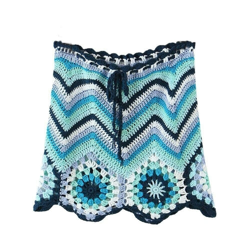Drawstring High Waist Handmade Crochet Mini Skirt- Blue Multi