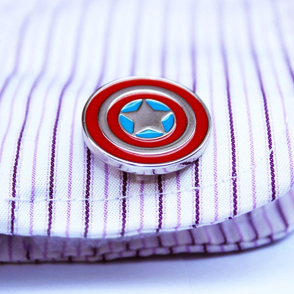 Captain America Shield Cuff Links on cuff close up top