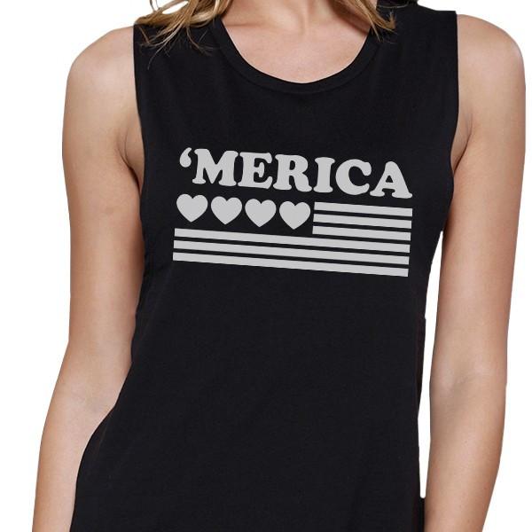 'Merica American Flag & Hearts Women's Muscle Tee - Black