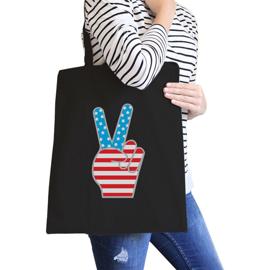 American Flag Peace Sign Tote Bag- Black