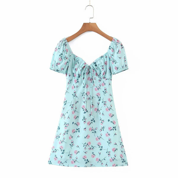 Floral Print Puff Sleeve Short Dress- Sage