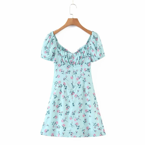 Floral Print Puff Sleeve Short Dress- Sage