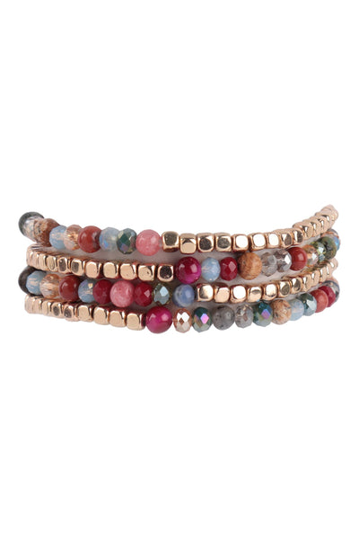 Brass, Stone, & Glass Four Beaded Bracelet Set- 5 Colors
