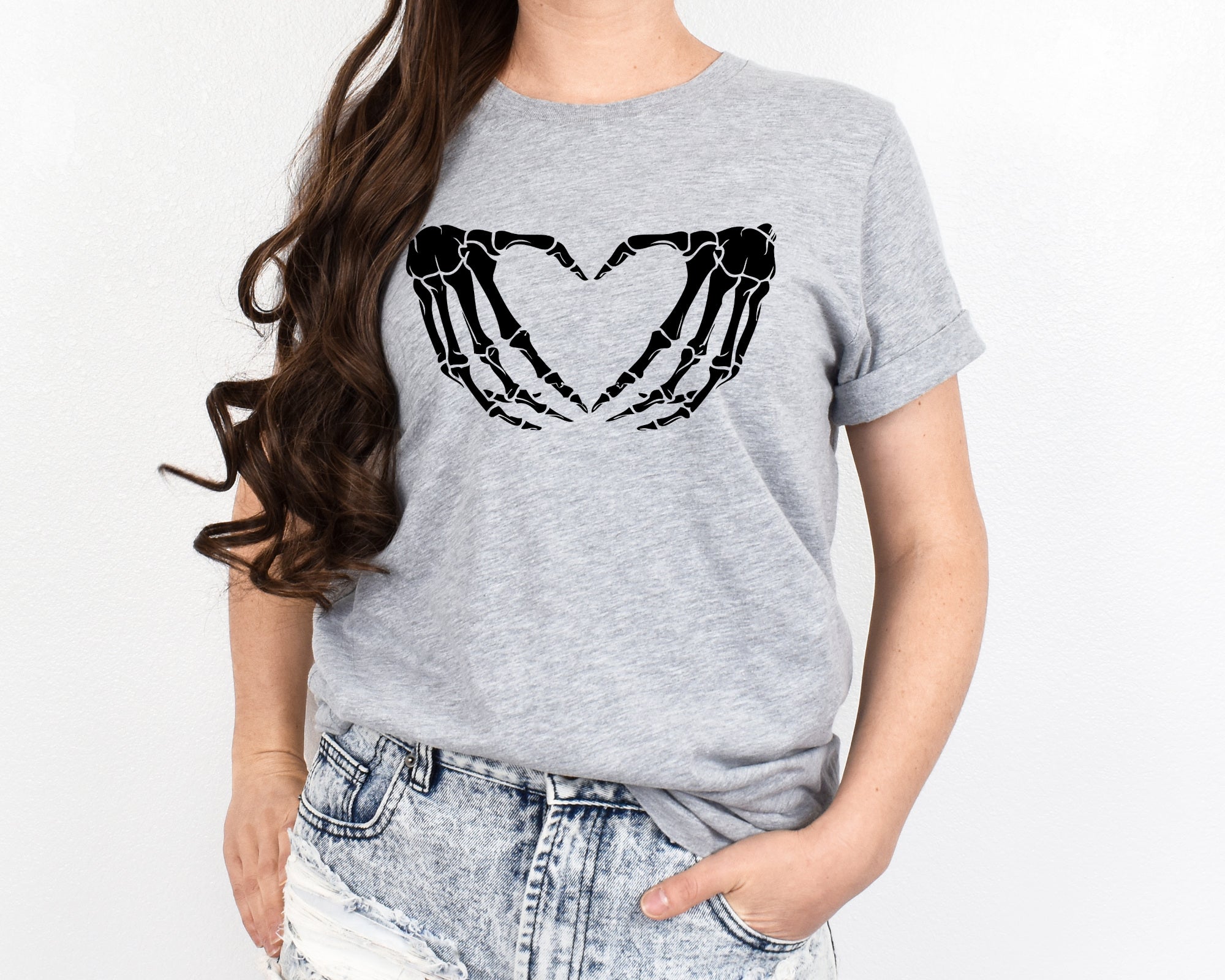 Women's Skeleton Heart Hands T-Shirt- Heather Gray