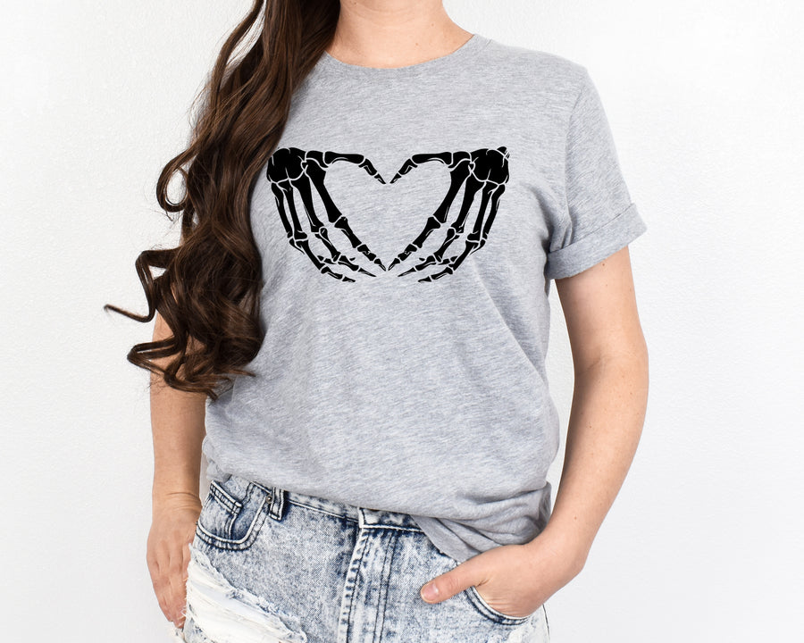 Unisex Skeleton Heart Hands T-Shirt- Heather Gray