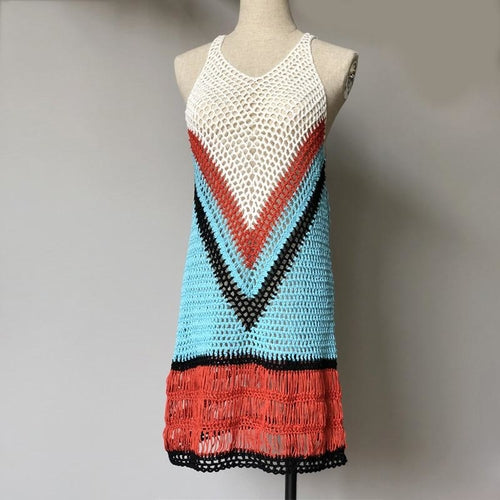 Women's Bohemian Multi Color-Blocked Short Crocheted Dress