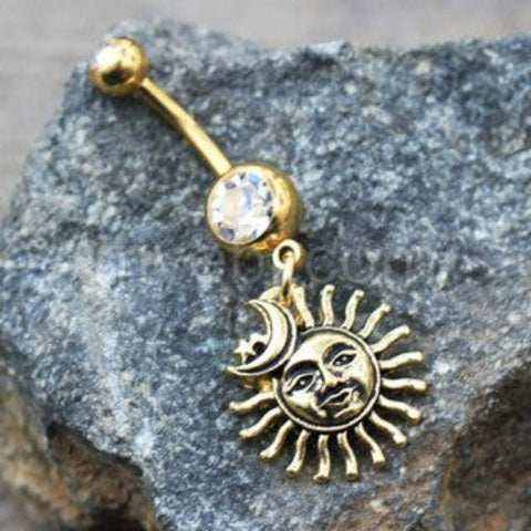 Gold Sun Moon Star Dangle Navel Ring