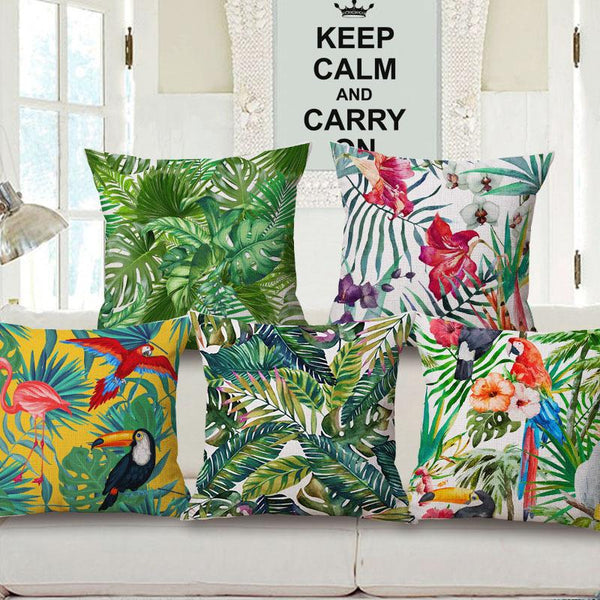 Tropical Plant Hibiscus Flower Pillow Case Parrot Cushion Cover