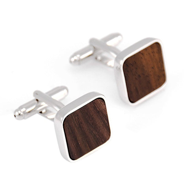 Square Wood Inlaid Silver Cuff Links