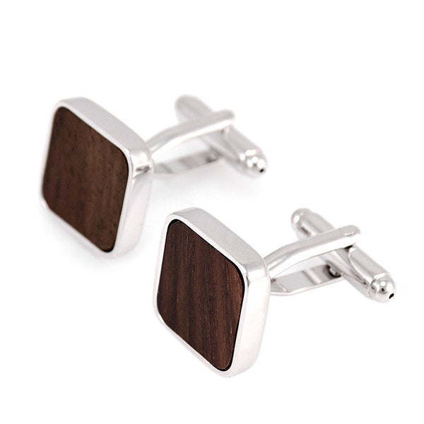 Square Wood Inlaid Silver Cuff Links