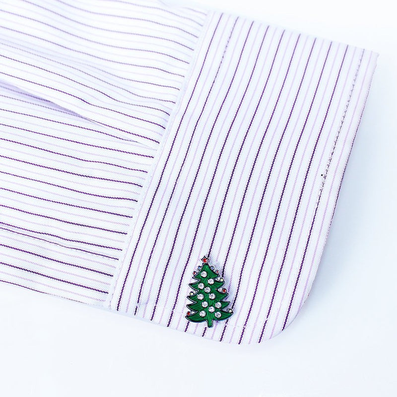 Christmas Tree Cuff Links Close Up on shirt