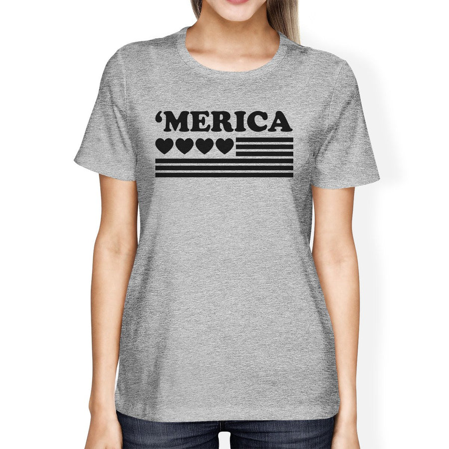 'Merica American Flag & Hearts Women's T-Shirt- Heather Gray