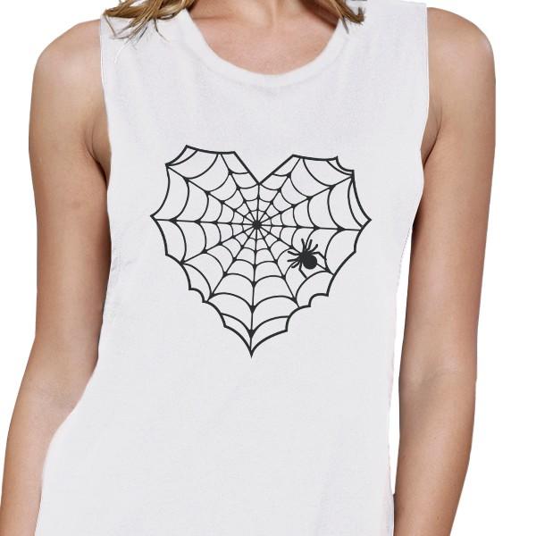 Heart Spider Web Women's Muscle Tee- White