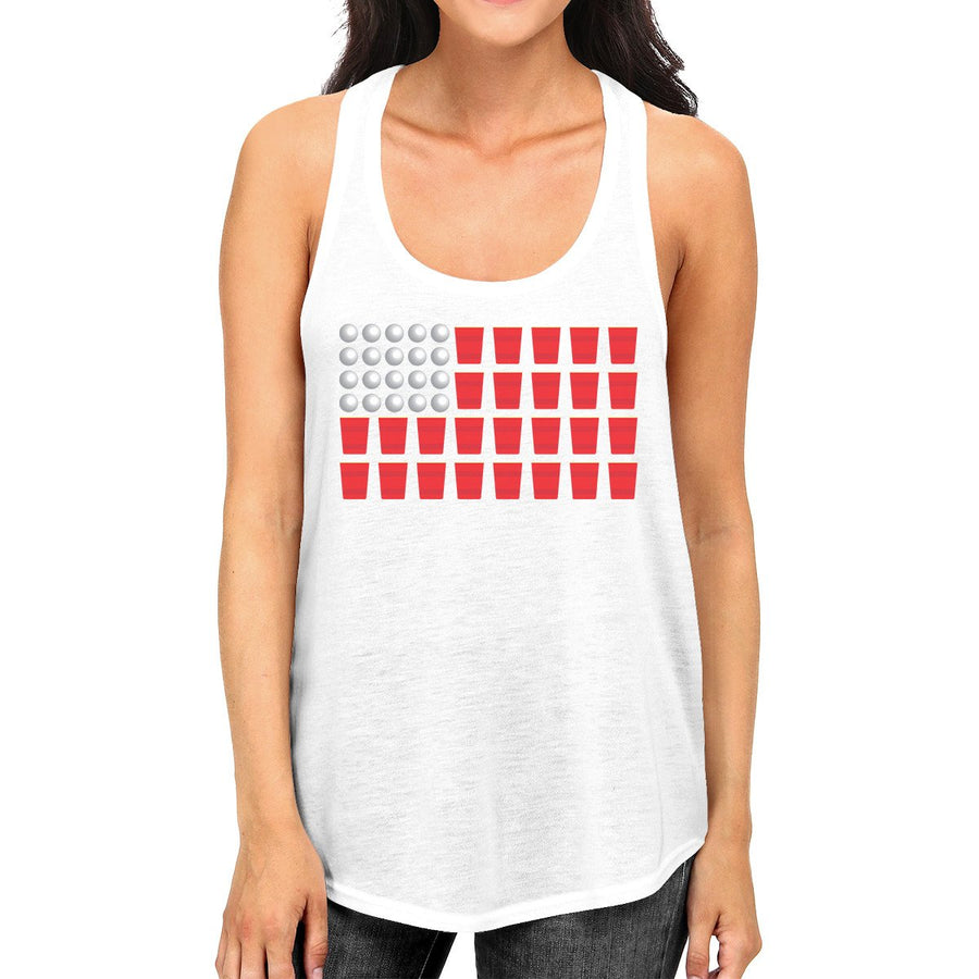 Beer Pong American Flag Women's Tank Top- White