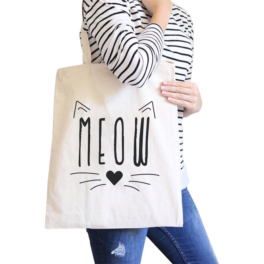 Meow Cat Face Tote Bag- Natural