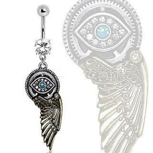 Gemmed Steampunk All Seeing Eye Navel Ring W/ Mechanical Wing Dangle Belly Ring
