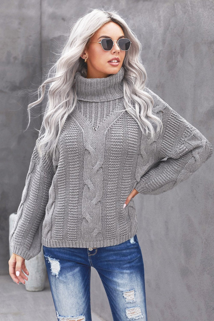 Gray Oversized Drop Shoulder Chunky Cable Knit Turtleneck Sweater
