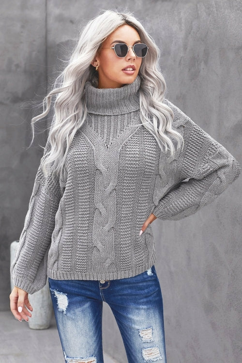 Gray Oversized Drop Shoulder Chunky Cable Knit Turtleneck Sweater
