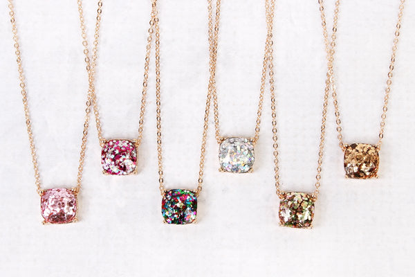 Glitter Cushion Cut Necklace- 4 Colors