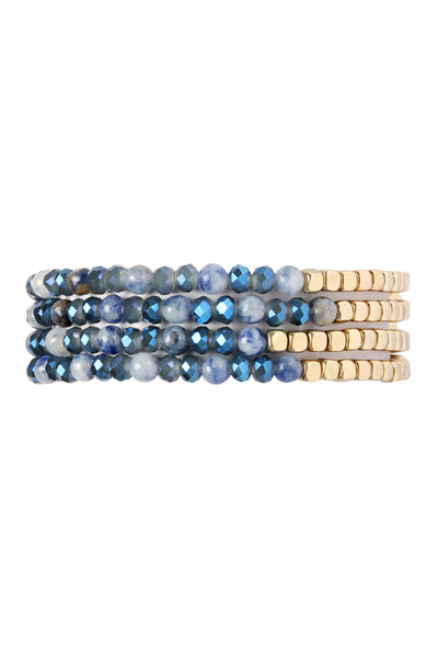 Brass, Stone, & Glass Four Beaded Bracelet Set- 5 Colors