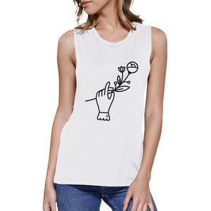 Hand Holding Flower Muscle Tank- White