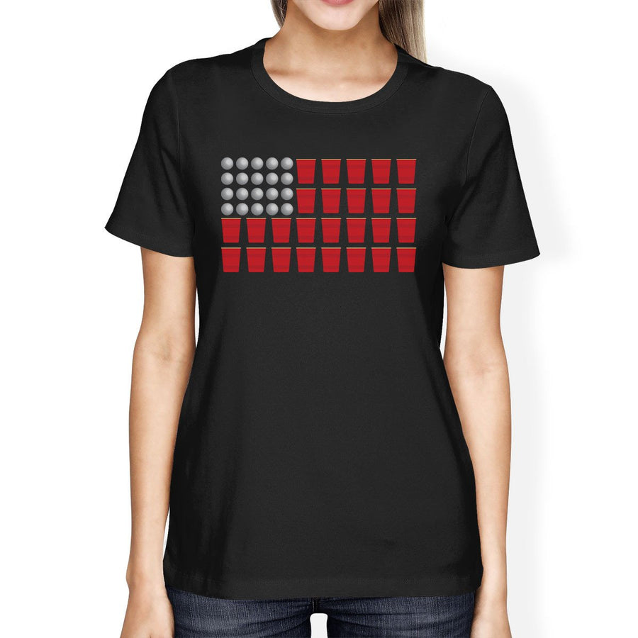 Beer Pong American Flag Women's T-Shirt- Black