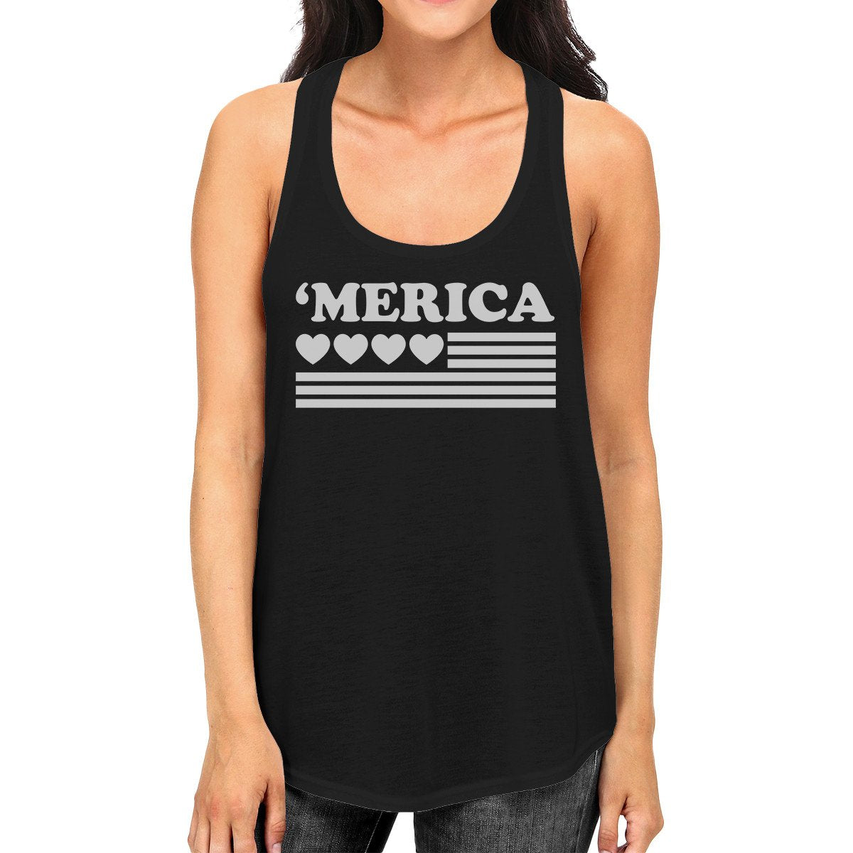'Merica American Flag & Hearts Racer Back Women's Tank Top - Black