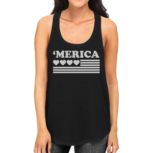 'Merica American Flag & Hearts Racer Back Women's Tank Top - Black