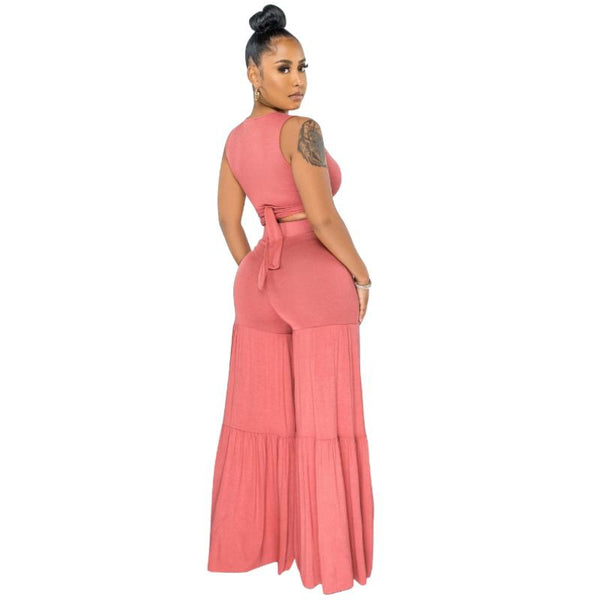 Women's Cropped Wrap Top and Tiered Pants Two-Piece Suit- 3 Colors