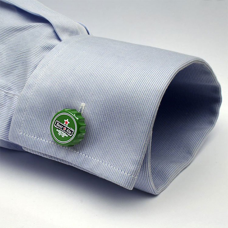 Green Beer Bottle Cap Cuff Links on shirt