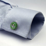 Green Beer Bottle Cap Cuff Links on shirt