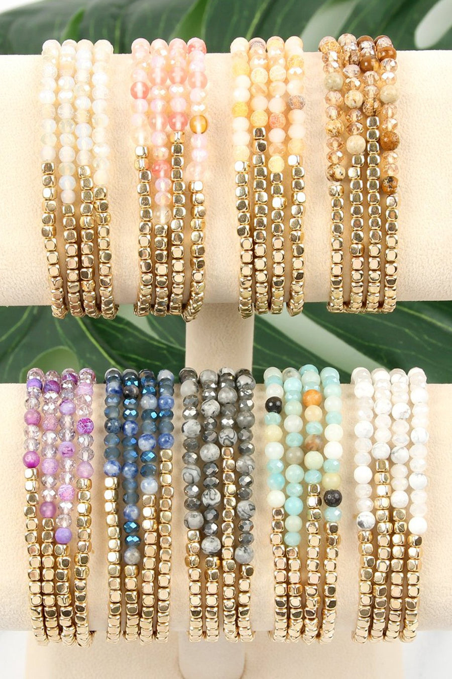 Brass, Stone, & Glass Four Beaded Bracelet Set- 5 Colors