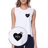 Meh Heart Cropped Pocket-Size Print Women's Tank Top- White