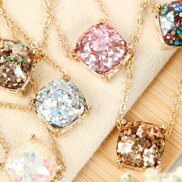Glitter Cushion Cut Necklace- 4 Colors
