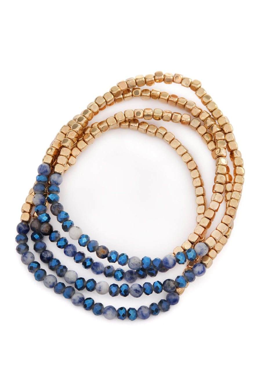 Brass, Stone, & Glass Four Beaded Bracelet Set- 5 Colors