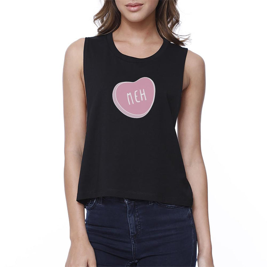 Meh Cropped Pink Heart Print Women's Tank Top- Black